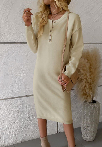 Drop Shoulder Henley Sweater Dress