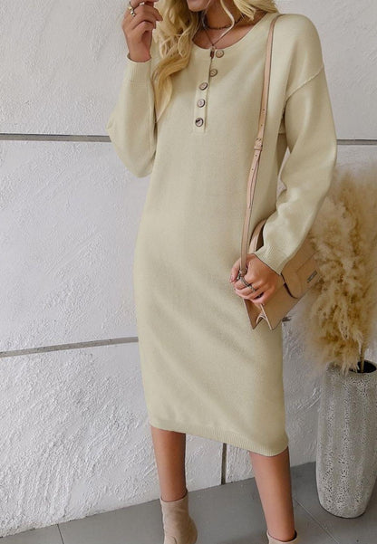 Drop Shoulder Henley Sweater Dress