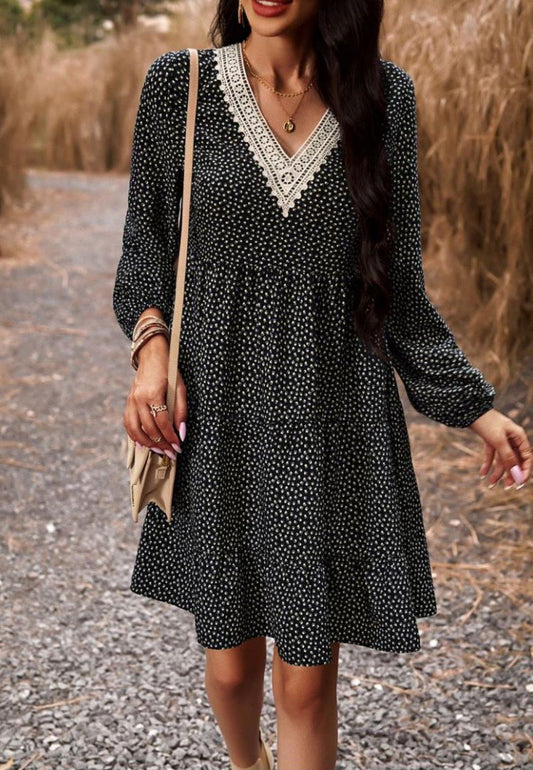 Crochet V Neck Spotted Print Dress