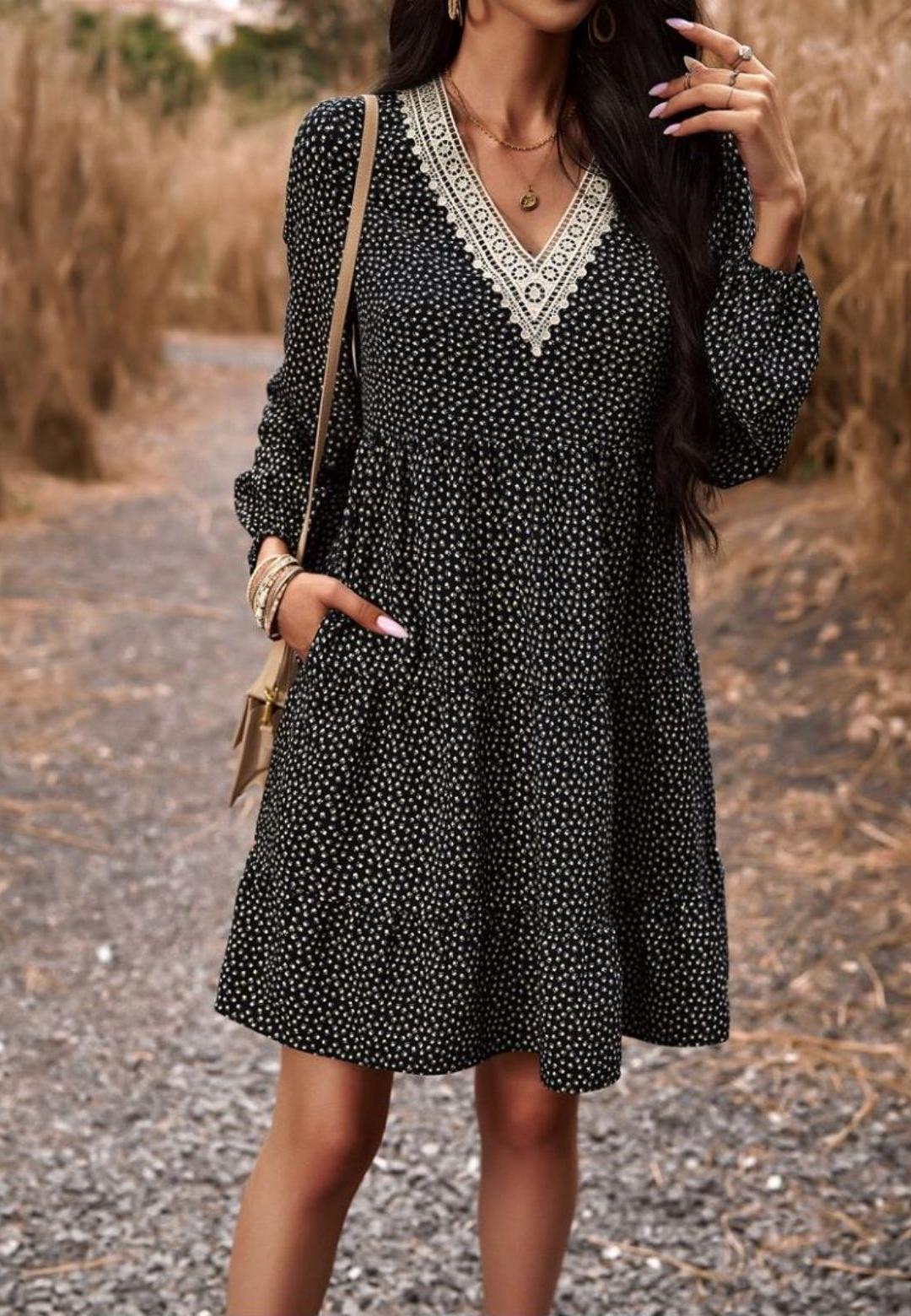 Crochet V Neck Spotted Print Dress