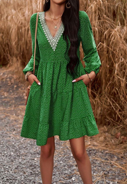 Crochet V Neck Spotted Print Dress