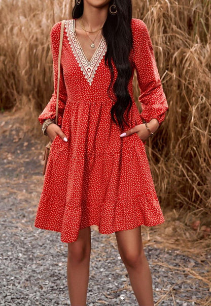 Crochet V Neck Spotted Print Dress