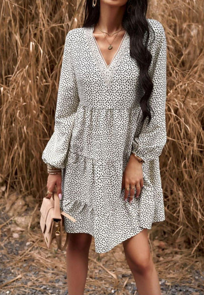 Crochet V Neck Spotted Print Dress