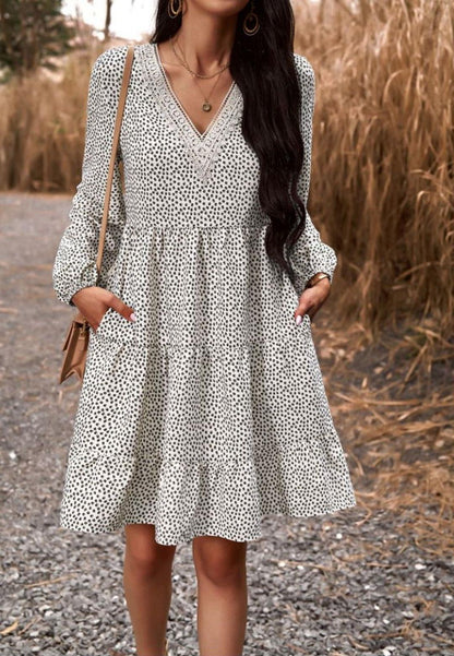 Crochet V Neck Spotted Print Dress