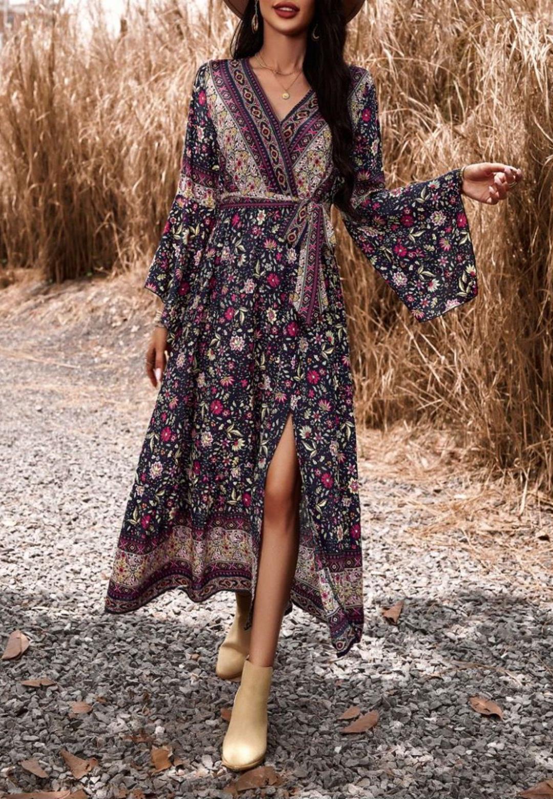 Surplice Neck Front Slit Boho Dress