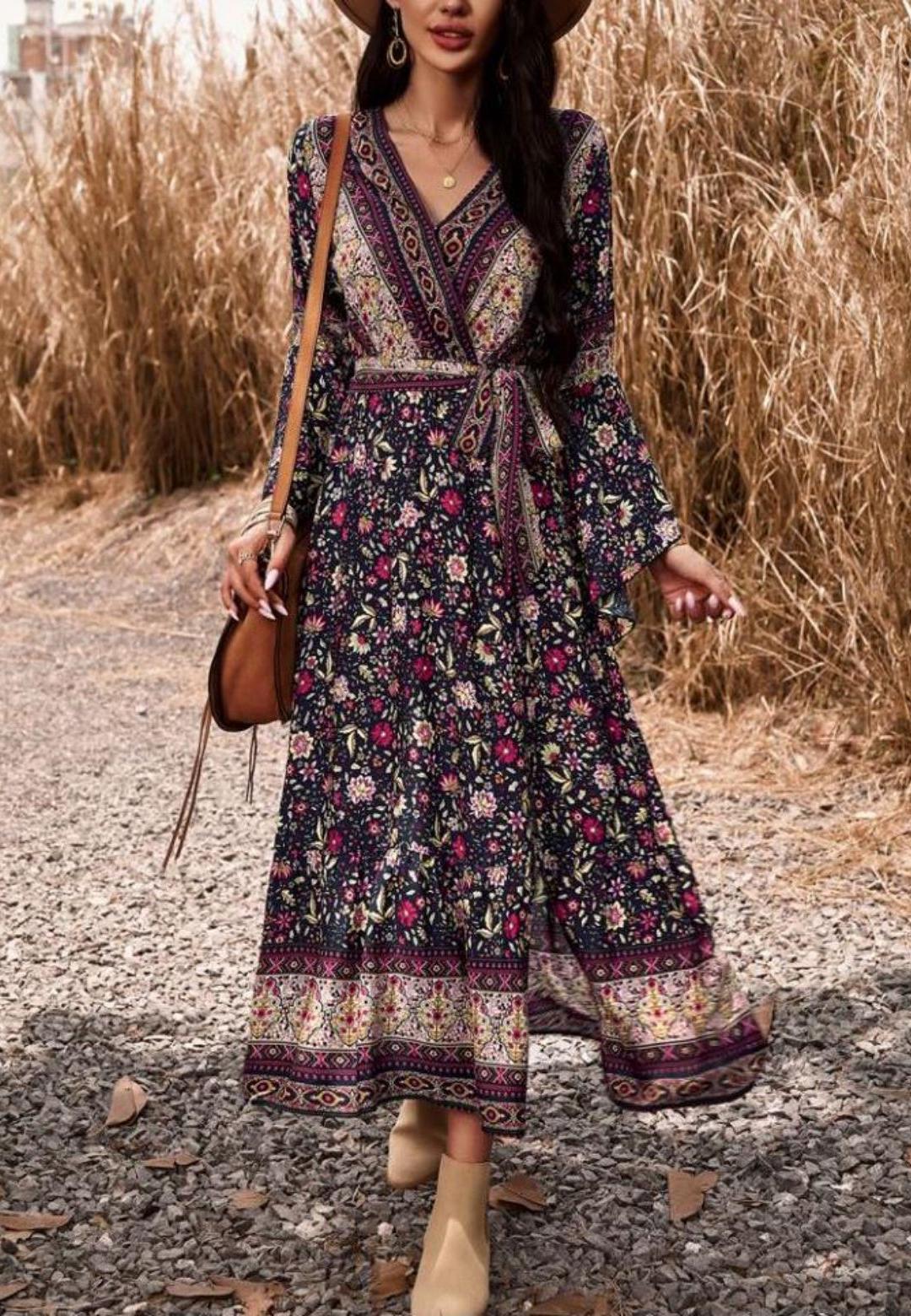 Surplice Neck Front Slit Boho Dress for Women Mid-Calf Length – Anna-Kaci