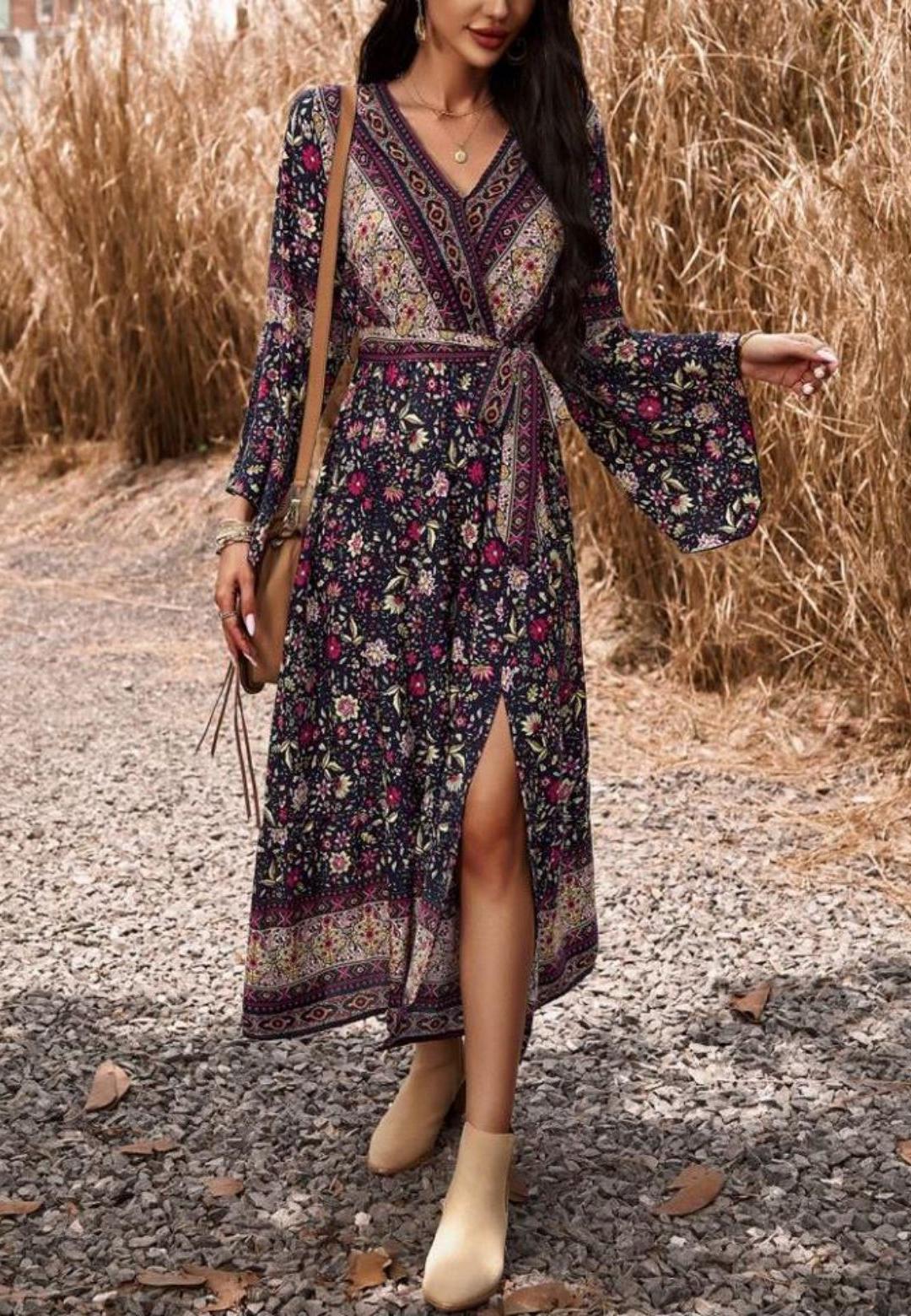 Surplice Neck Front Slit Boho Dress for Women Mid-Calf Length – Anna-Kaci