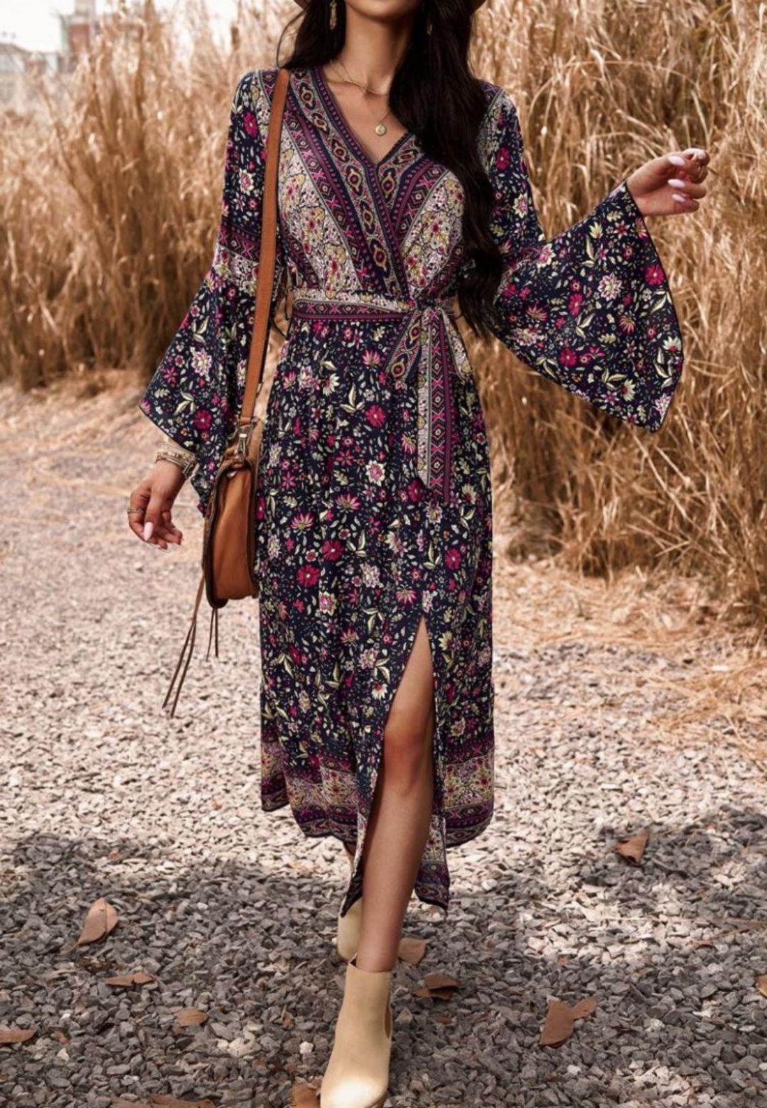 Surplice Neck Front Slit Boho Dress