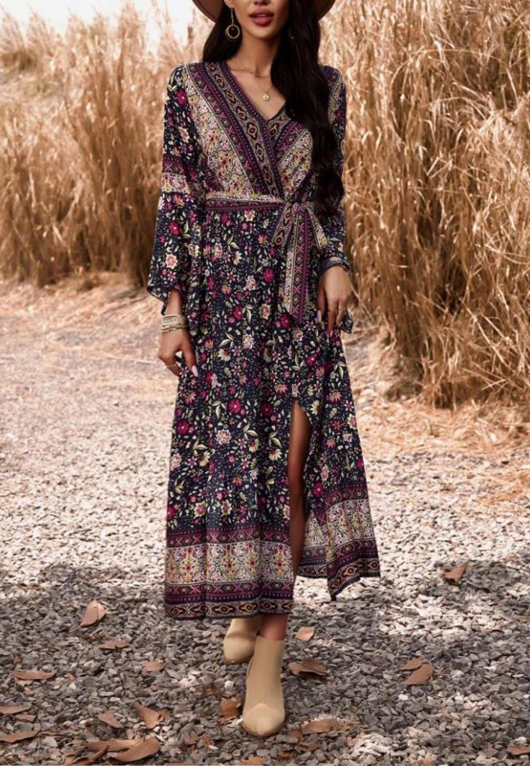 Surplice Neck Front Slit Boho Dress