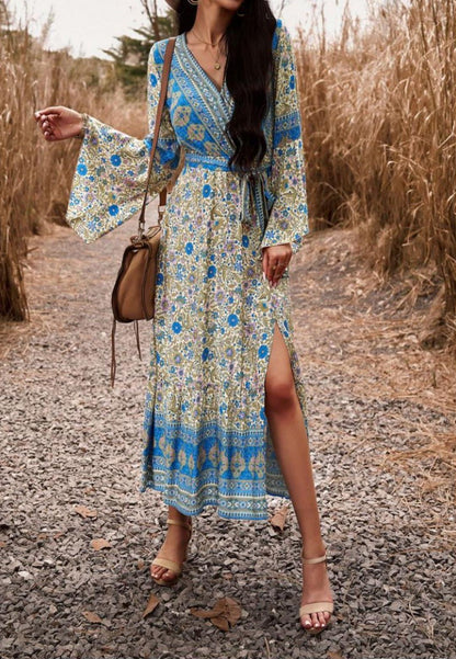 Surplice Neck Front Slit Boho Dress