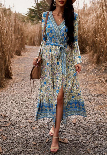 Surplice Neck Front Slit Boho Dress