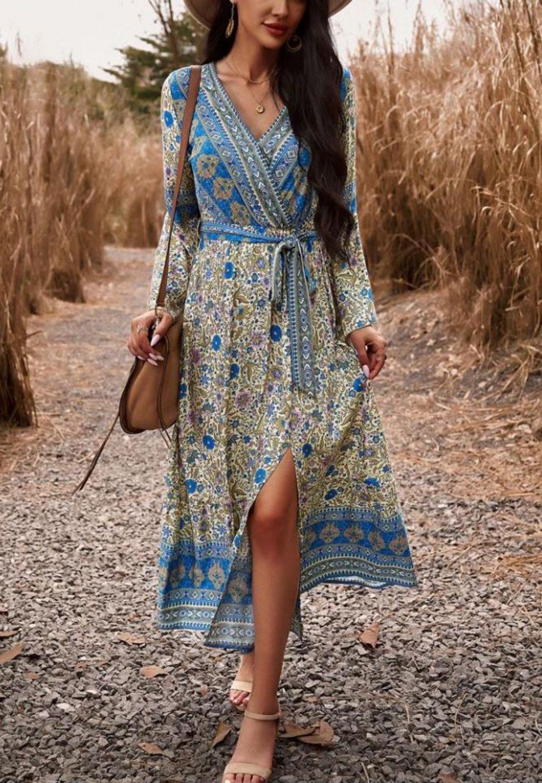Surplice Neck Front Slit Boho Dress