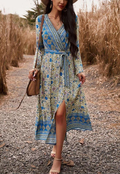 Surplice Neck Front Slit Boho Dress