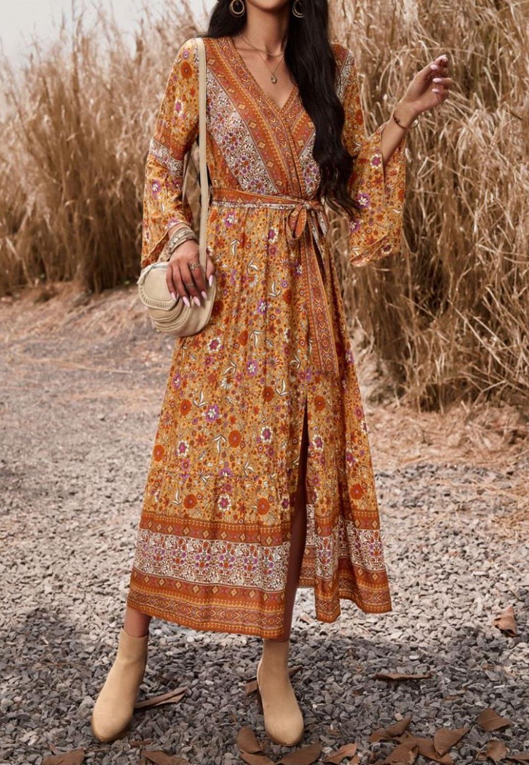 Surplice Neck Front Slit Boho Dress for Women Mid-Calf Length Anna-Kaci Surplice Neck Front Slit Boho Dress for Women Mid-Calf Length Anna-Kaci