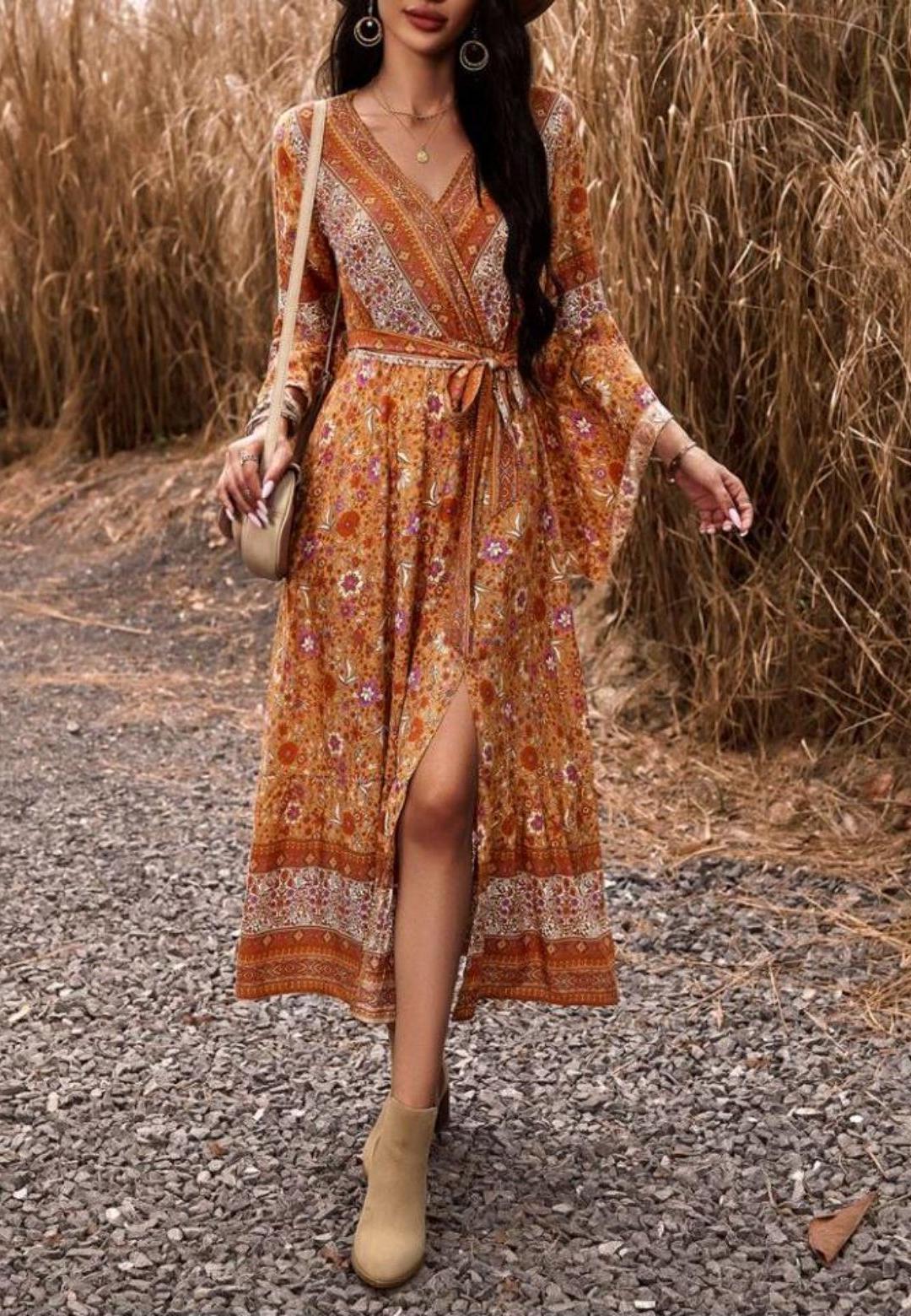 Surplice Neck Front Slit Boho Dress