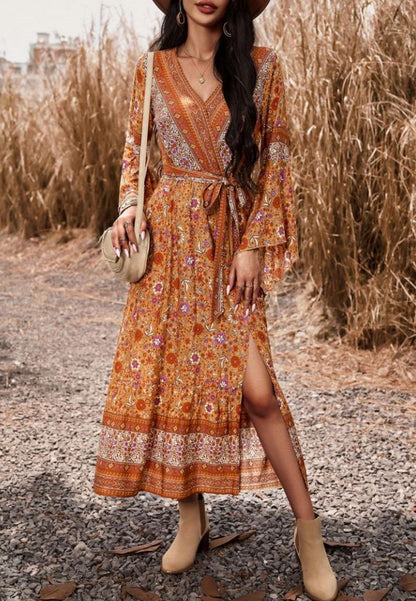 Surplice Neck Front Slit Boho Dress