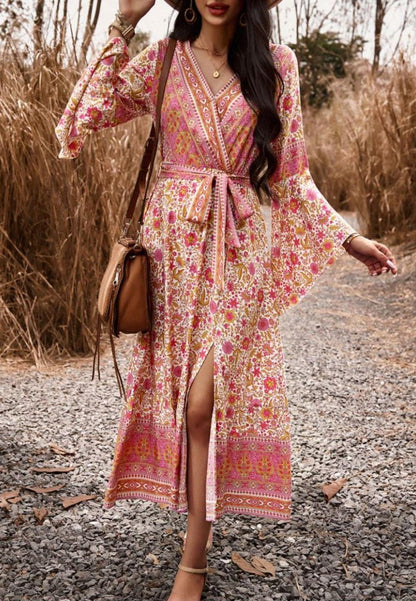 Surplice Neck Front Slit Boho Dress