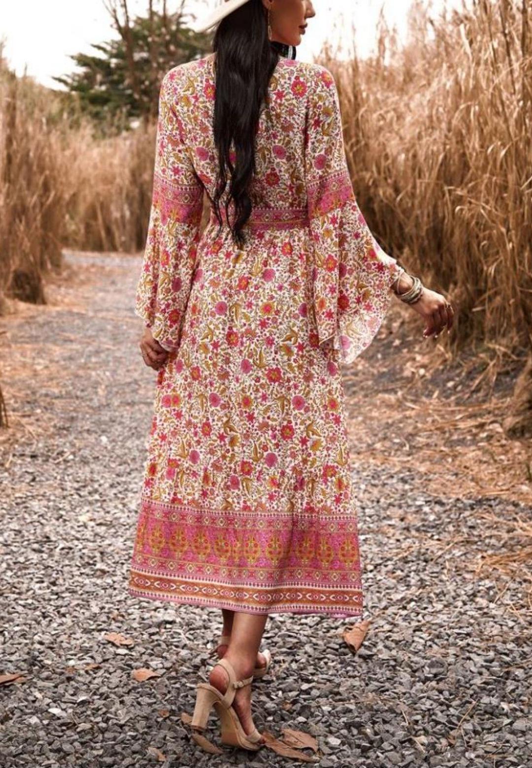 Surplice Neck Front Slit Boho Dress