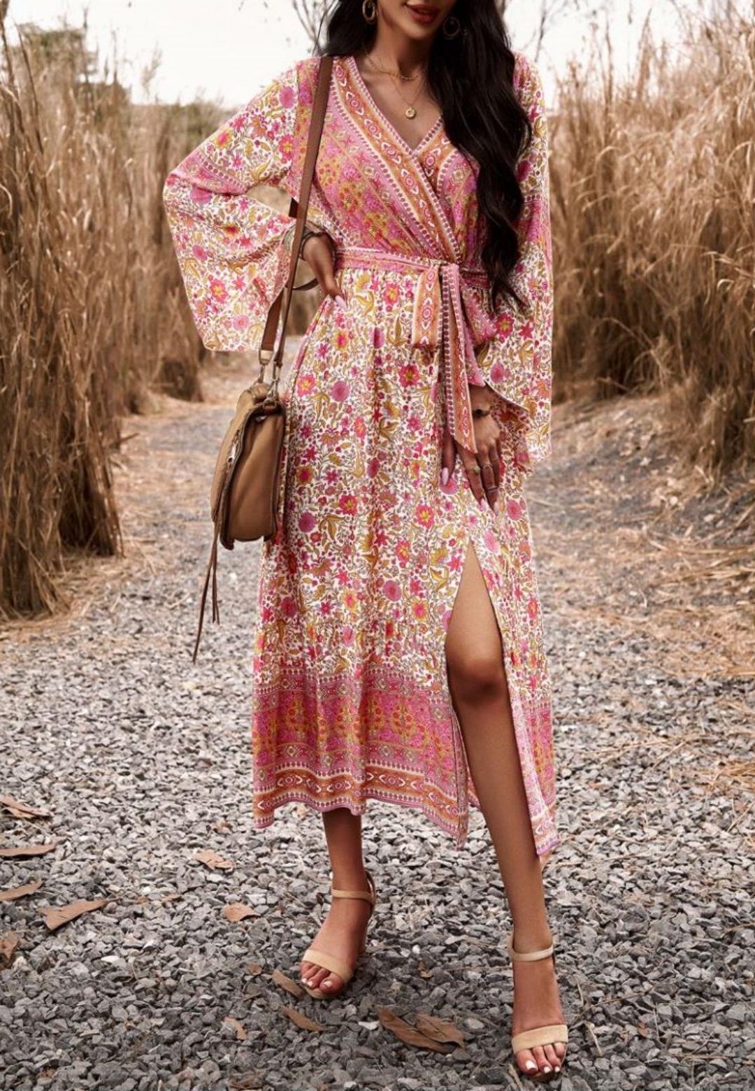 Surplice Neck Front Slit Boho Dress