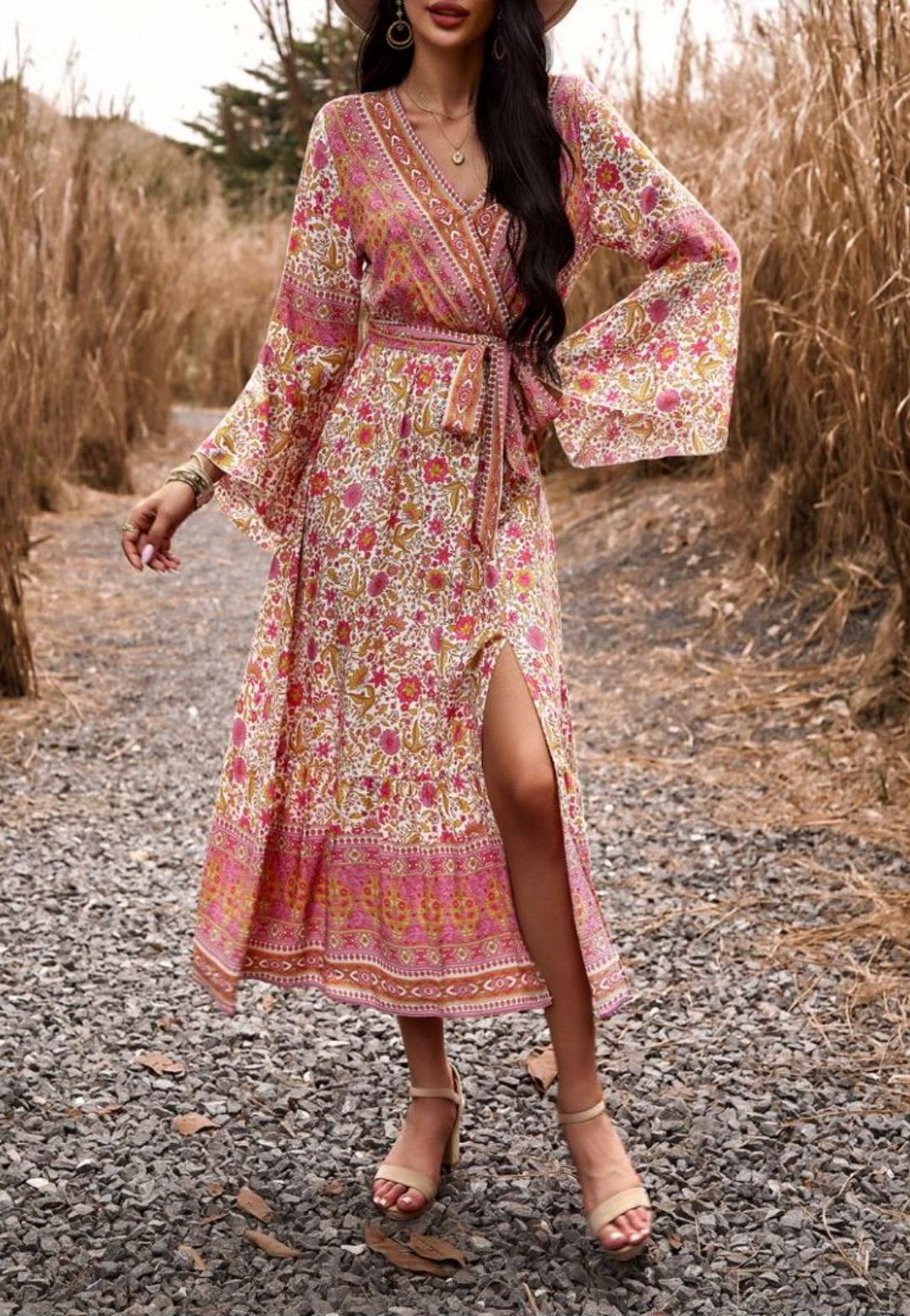 Surplice Neck Front Slit Boho Dress for Women Mid-Calf Length Anna-Kaci Surplice Neck Front Slit Boho Dress for Women Mid-Calf Length Anna-Kaci