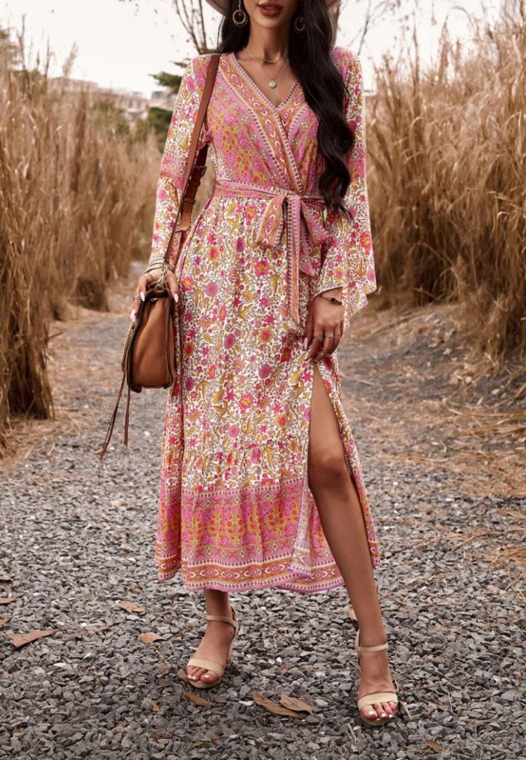 Surplice Neck Front Slit Boho Dress