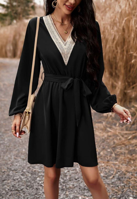 Crochet V Neck Long Sleeve Dress