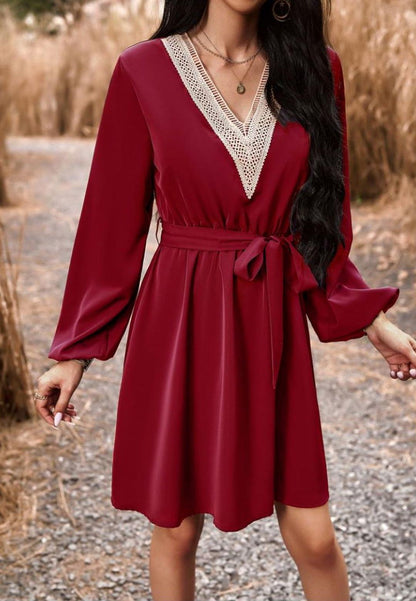 Crochet V Neck Long Sleeve Dress