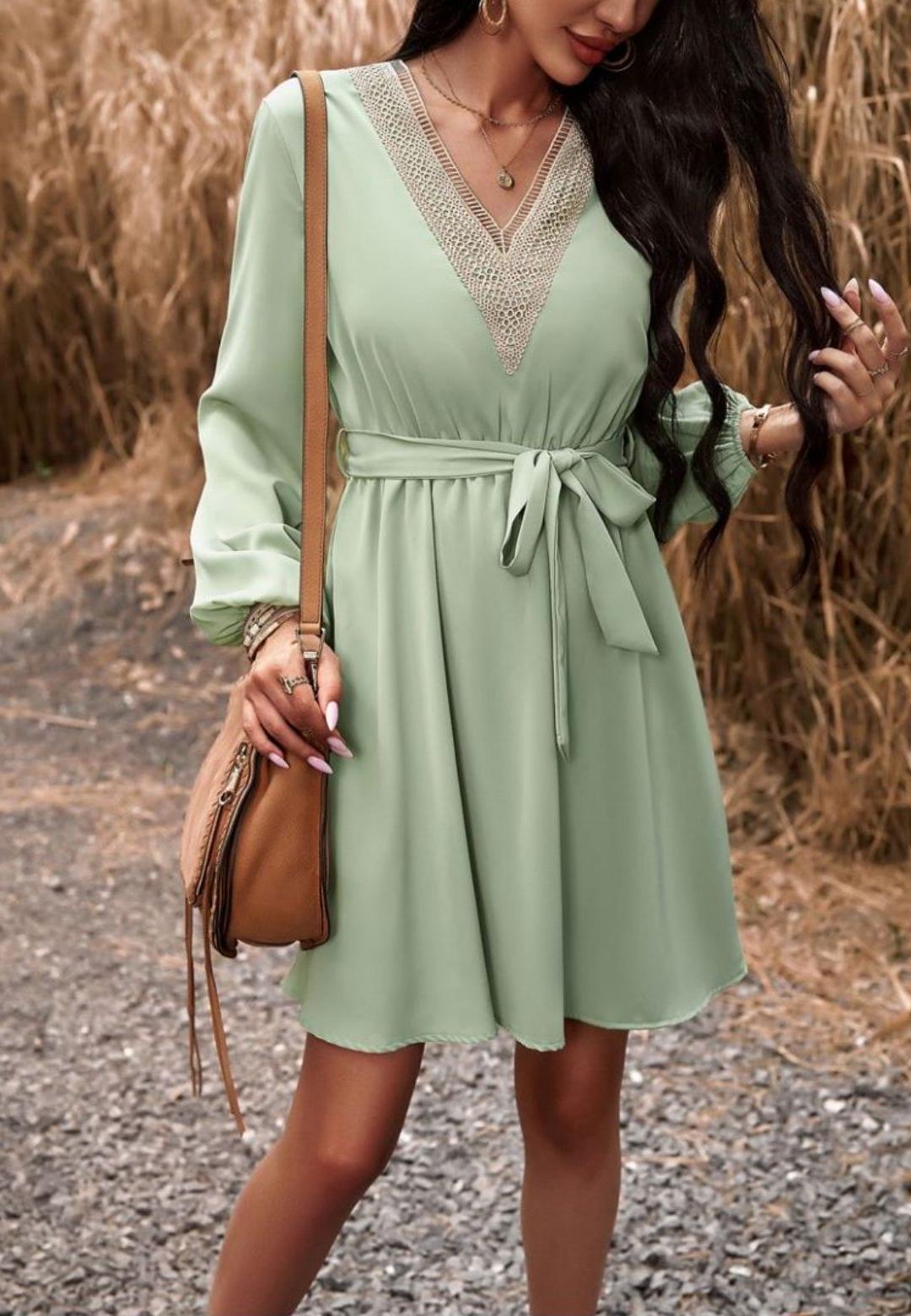 Crochet V Neck Long Sleeve Dress