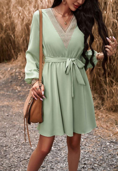 Crochet V Neck Long Sleeve Dress