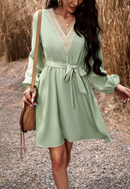 Crochet V Neck Long Sleeve Dress
