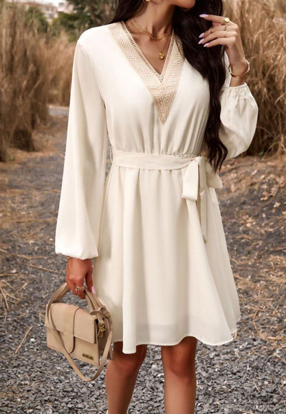 Crochet V Neck Long Sleeve Dress