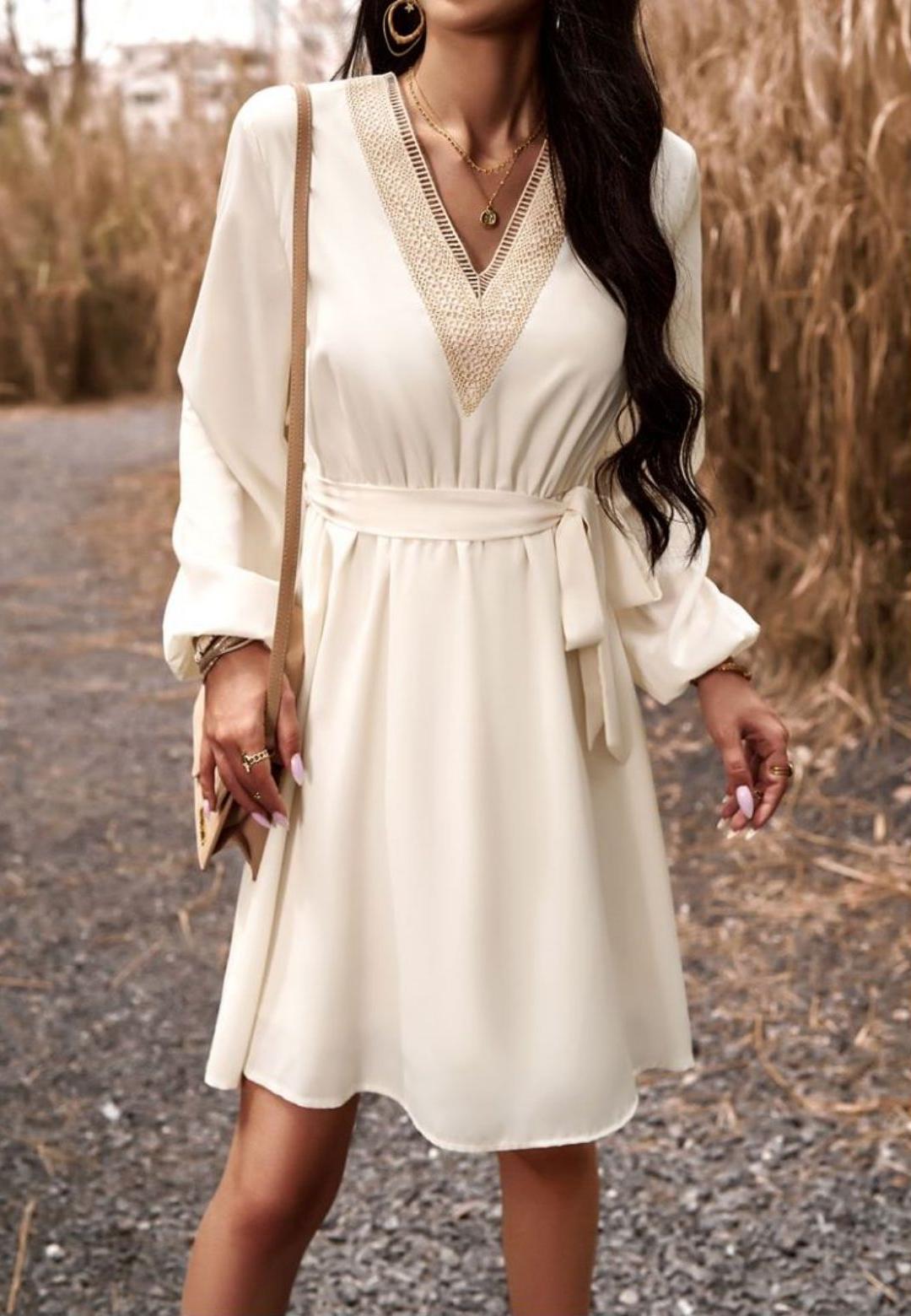 Crochet V Neck Long Sleeve Dress