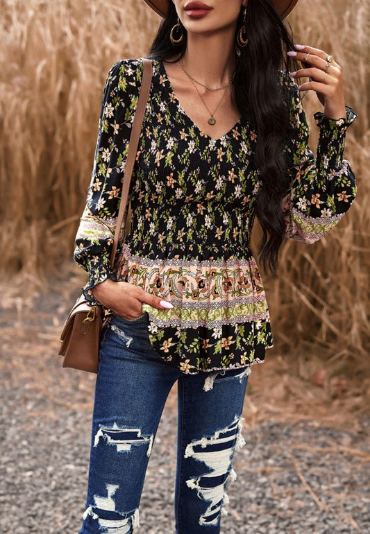 Floral Boho Shirred V Neck Blouse
