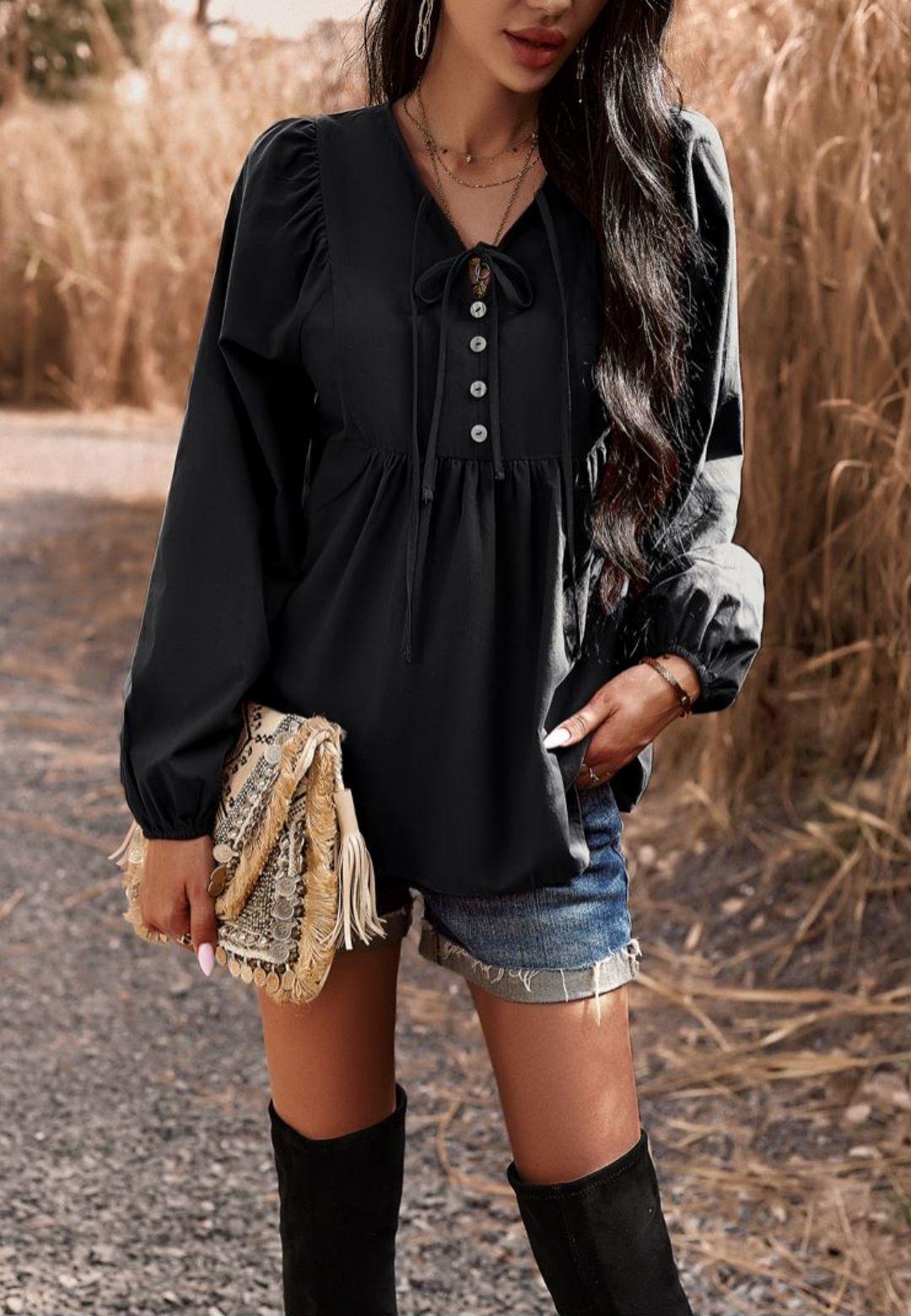 Double Tie Neck Babydoll Blouse