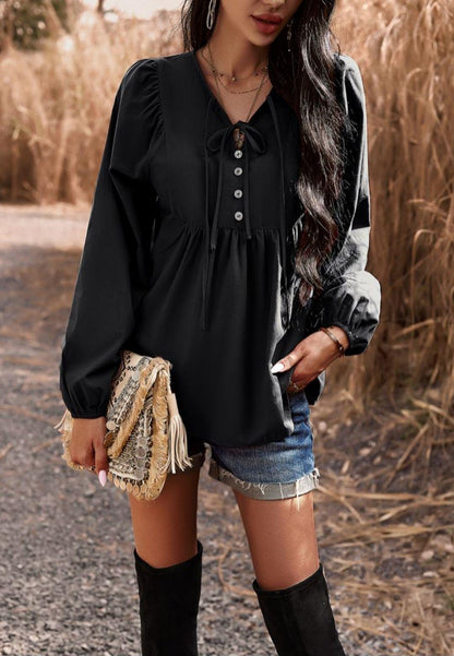 Double Tie Neck Babydoll Blouse