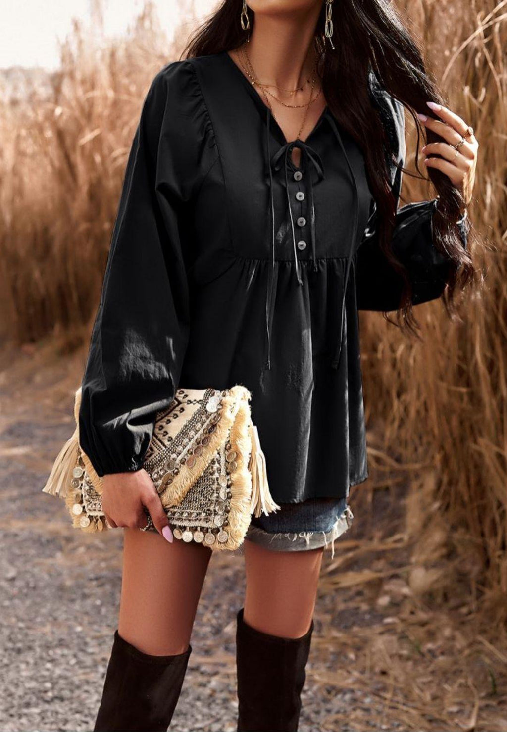 Blusa babydoll con cuello con lazo doble