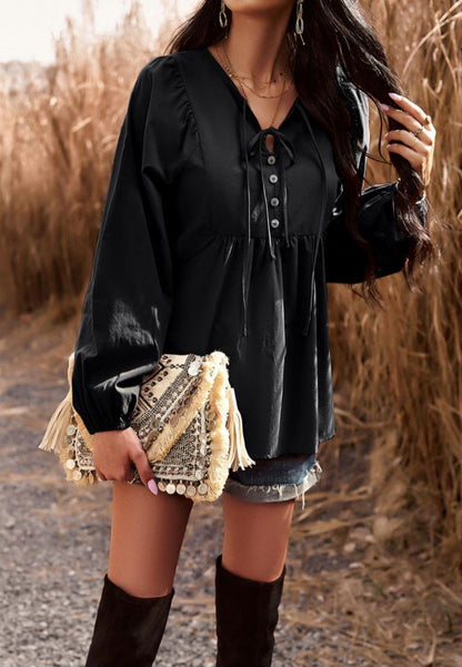 Double Tie Neck Babydoll Blouse