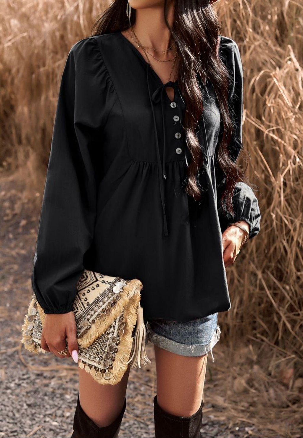Blusa babydoll con cuello con lazo doble