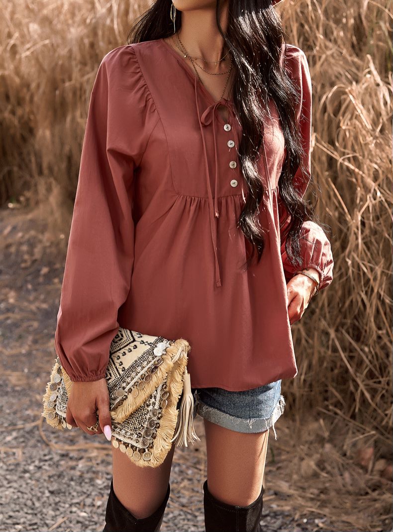 Double Tie Neck Babydoll Blouse