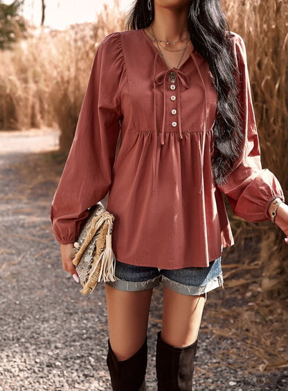 Double Tie Neck Babydoll Blouse