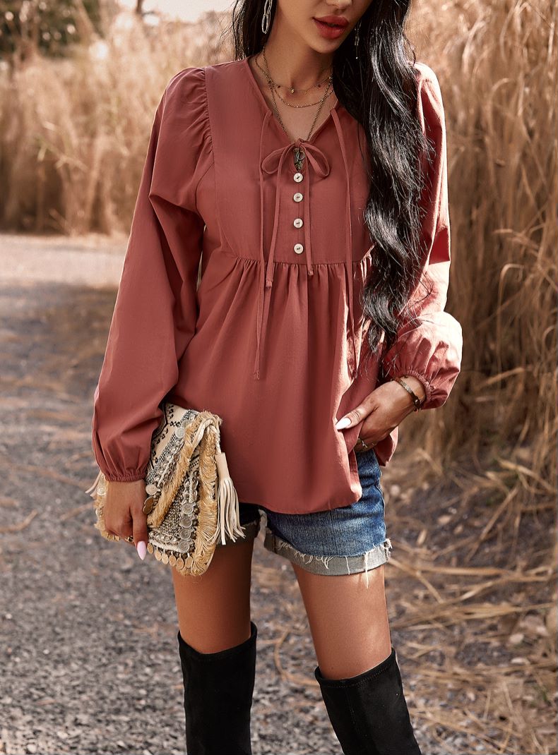 Double Tie Neck Babydoll Blouse