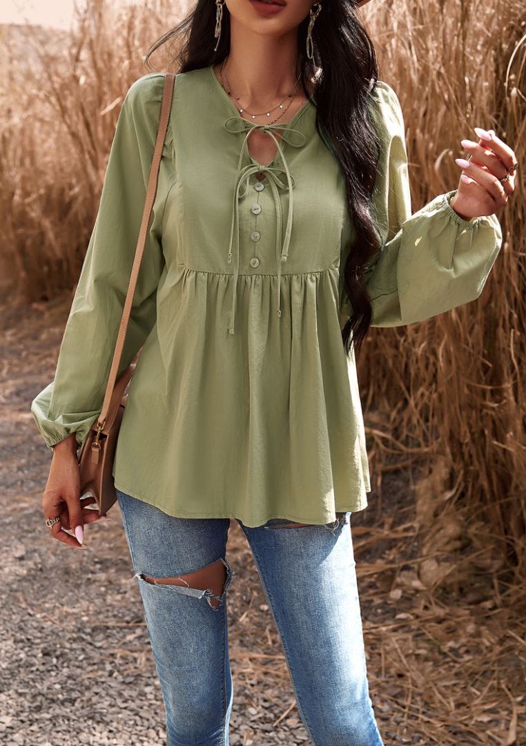 Double Tie Neck Babydoll Blouse