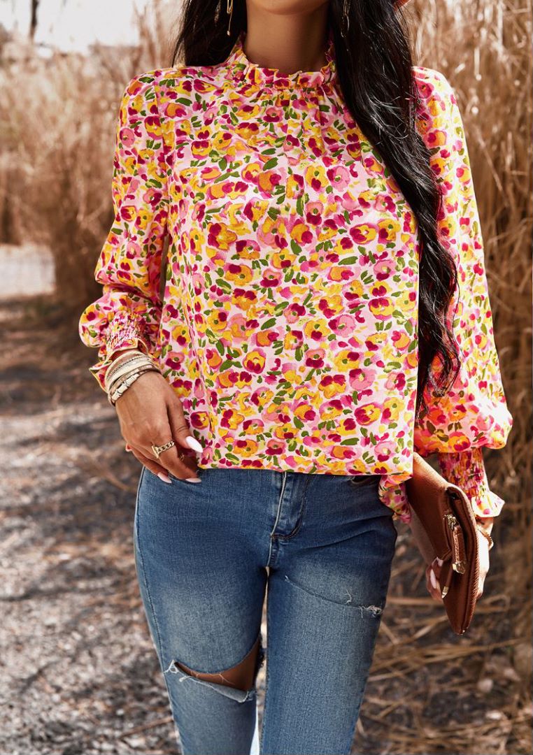 Shirred Cuff Long Sleeve Blouse