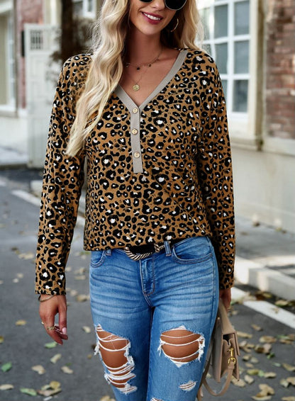 Leopard Print Button Henley Sweater