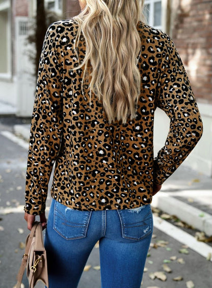 Leopard Print Button Henley Sweater