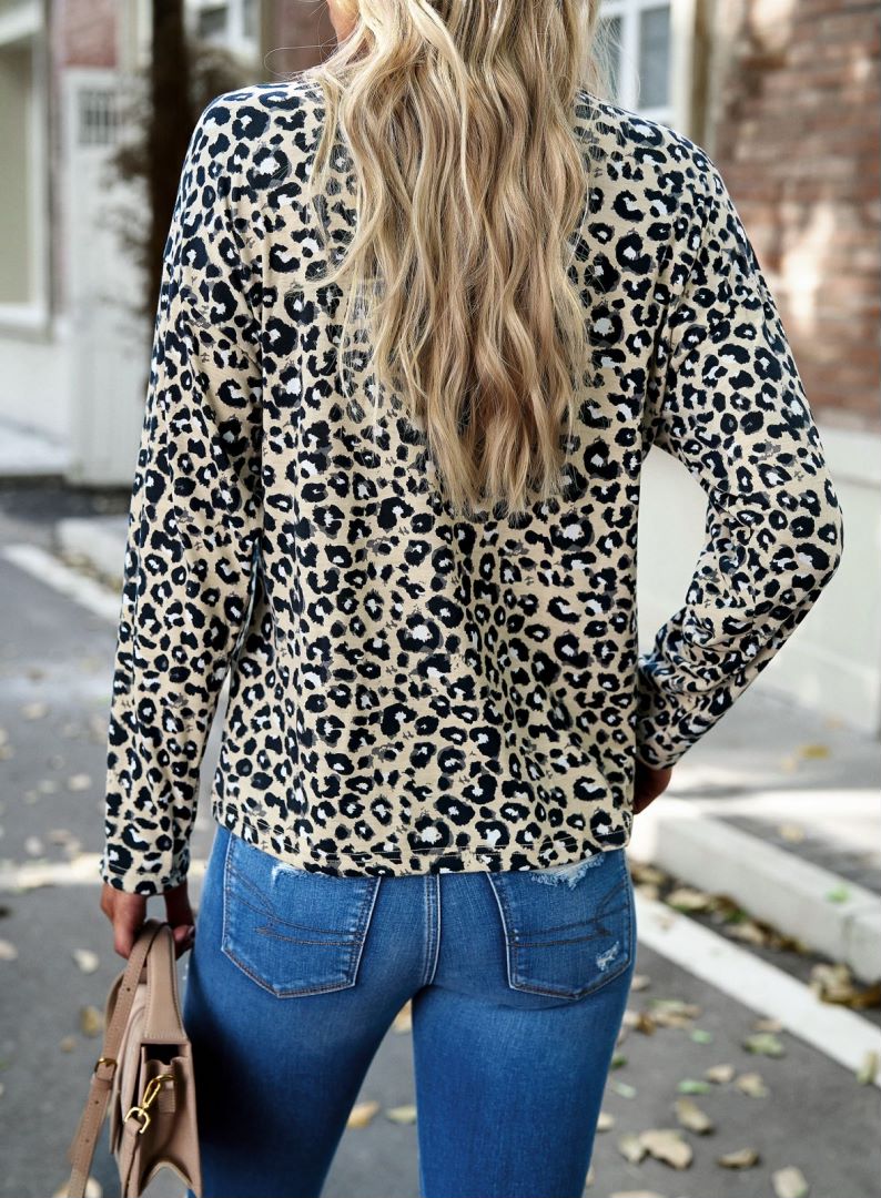 Leopard Print Button Henley Sweater