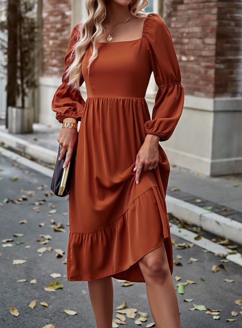 Square Neck Double Puff Sleeve Dress for Women Below Knee Square Neck Double Puff Sleeve Dress for Women Below Knee