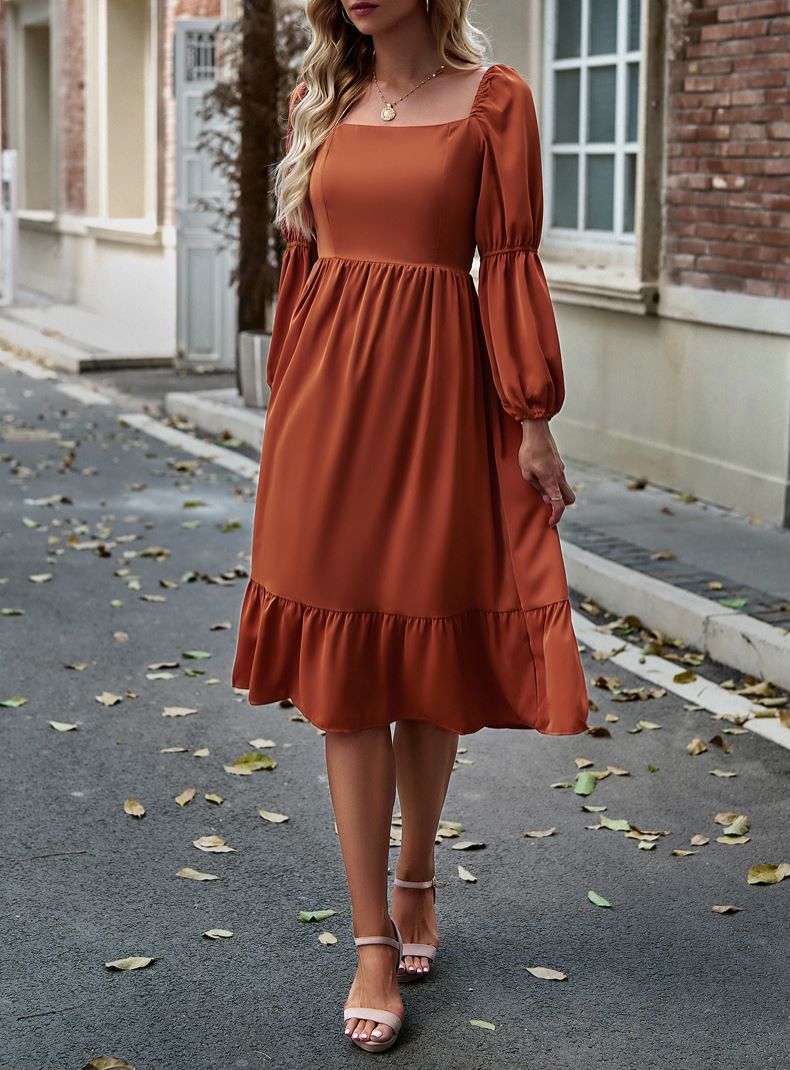 Square Neck Double Puff Sleeve Dress for Women Below Knee