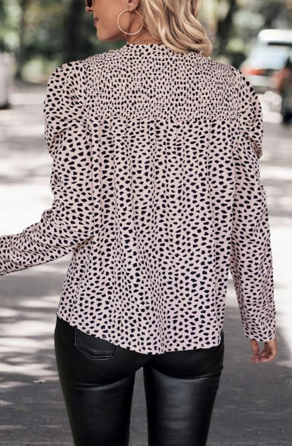 Shirred Ruffle Neck Cheetah Blouse