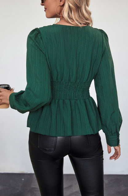 Surplice Neck Textured Peplum Blouse
